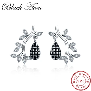 

[BLACK AWN] Trendy 925 Sterling Silver Jewelry Black Spinel Engagement Stud Earrings for Women Flower Bijoux I012