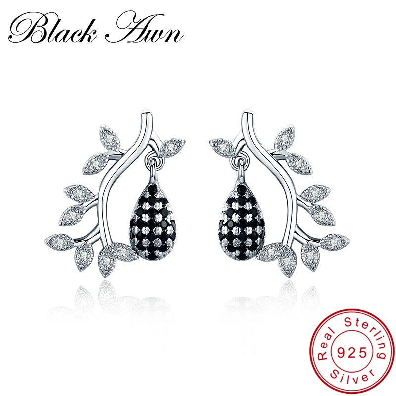 

[BLACK AWN] Trendy 925 Sterling Silver Jewelry Black Spinel Engagement Stud Earrings for Women Flower Bijoux I012