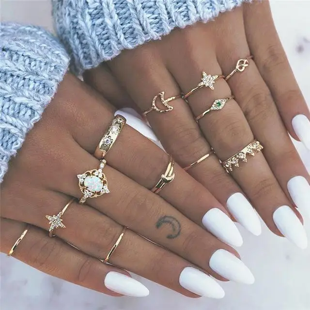 

XIUFEN 13Pcs/Set Women Rings Set Gold Color Retro Style Fish Tail Knotted Star Shape Joint Rings Jewelry For Female