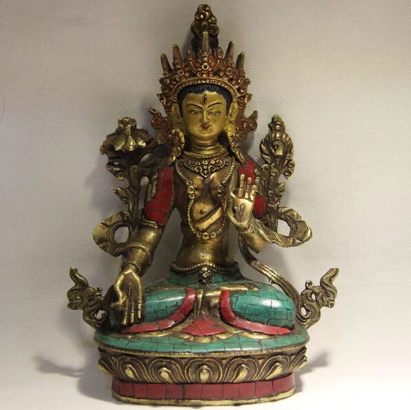 

Fast shipping USPS to USA S3498 Tibet Buddhism Copper Inlay Turquoise Coral Ruby Beryl White Tara Guanyin Statue