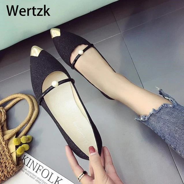 

Flat For Woman Autumn Pearl Bling Low Heel Shoes Metal Slip On Casual Women Shoe Fashion Pointed Toe Ladies Footwear E012