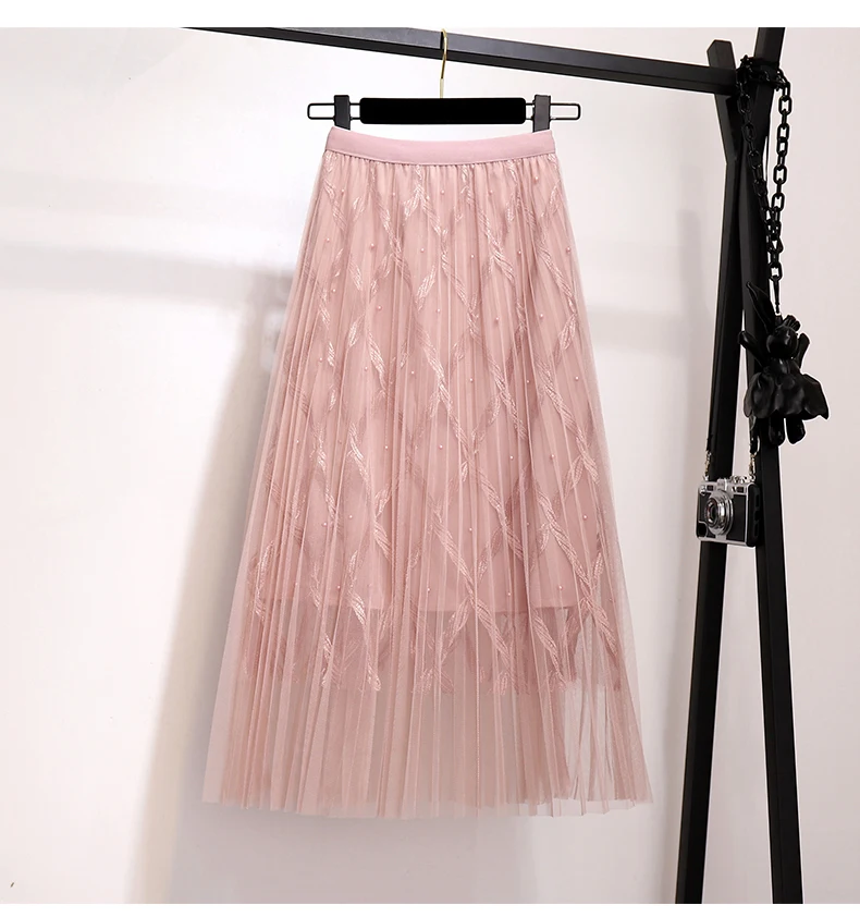 Летняя женская Тюлевая юбка с бисером, эластичная высокая талия, а-силуэт, сшитая юбка, темперамент, Женская плиссированная юбка