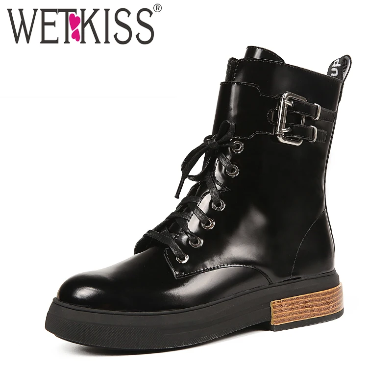 WETKISS Patent Leather Women Ankle Boots Round Toe Lace Up Footwear Thick Heels Female Motorcycle Boot Platform Shoes Woman 2018 цена WETKISS Patent Leather Women Ankle Boots Round Toe Lace Up Footwear Thick Heels Female Motorcycle Boot Platform Shoes Woman 2018 цены онлайн