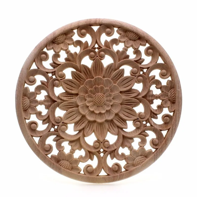 RUNBAZEF Carved Flower Carving Round Wood Appliques for Furniture Unpainted Wooden