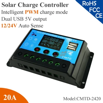 

20A 12/24V PMW solar charge controller with LCD display,Dual USB 5V output,charge-discharge parameters adjustable,all protection