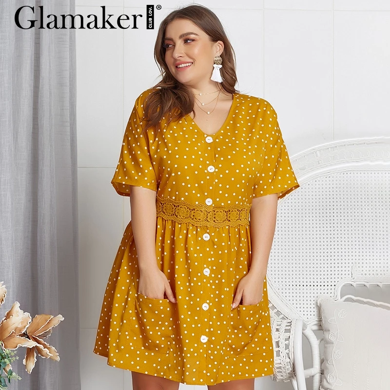 

Glamaker Elegant bodycon chiffon casual dress Women lace party short dresses for Female sexy plus size yellow dot dress holiday