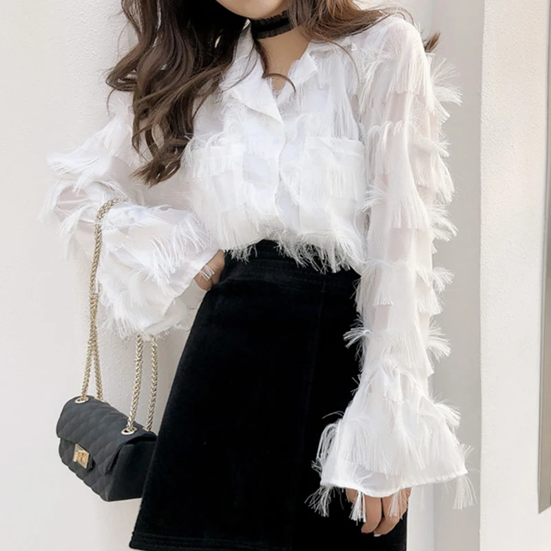 Women Feather Tassel Solid Long Flare Sleeve Turn down Collar button