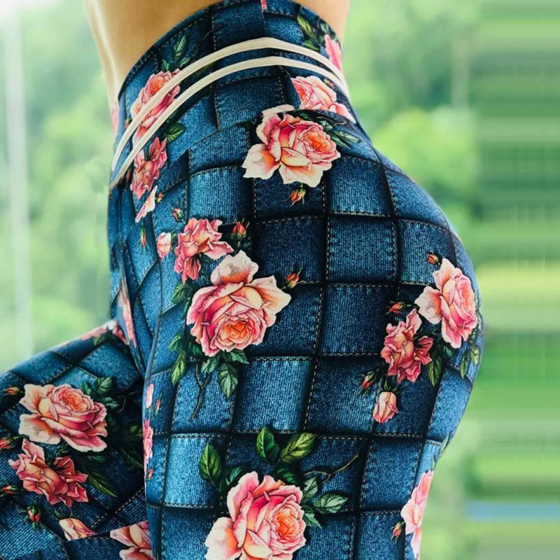 

Denim Square Rose Digital Print Legging Slim High Waist Fitness Women Pants Women Sexy Skinny Leggings 2019 New Hot explosions