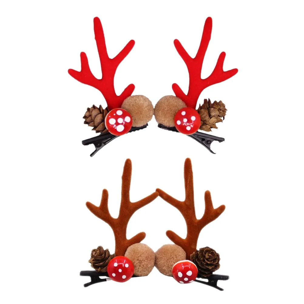 2 Pairs/ 4 Pcs Fashion Christmas XMAS Cute Hair Clips Deer Antlers Mushroom Faux Fur Ball Girls Women Hairpins Hair Accessories