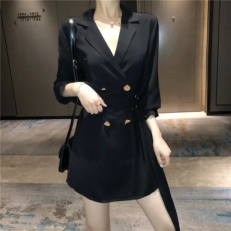 2019 Демисезонный темперамент ремни талии черная костюмная куртка Для женщин в Корейском стиле ретро Длинные свободные Повседневное черный
