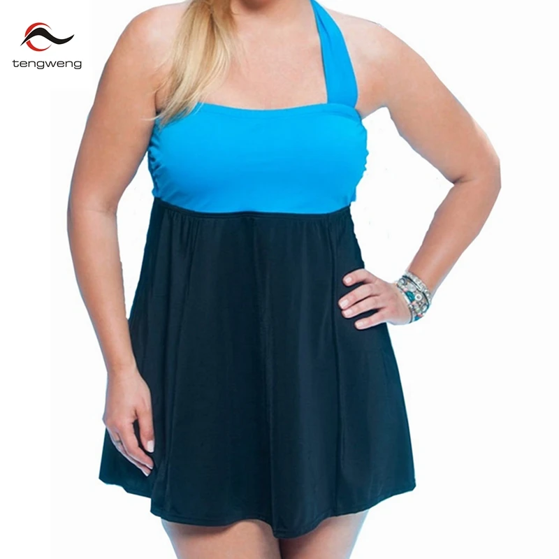 

Tengweng 2018 New Patchwork Halter Swim Skirt Plus size Women Swimwear Two pieces Tankini Swimsuit Female Bathing suit 5XL Cheap