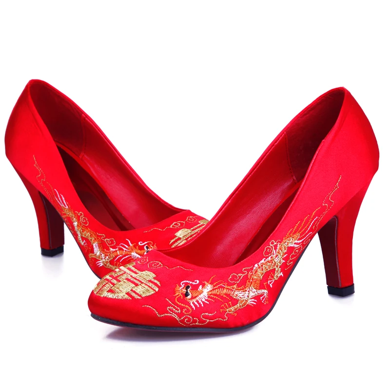 Свадебные туфли с вышивкой; Свадебная обувь на высоком каблуке; туфли-лодочки на танкетке; женские винтажные тонкие туфли в китайском стиле; Cheongsam