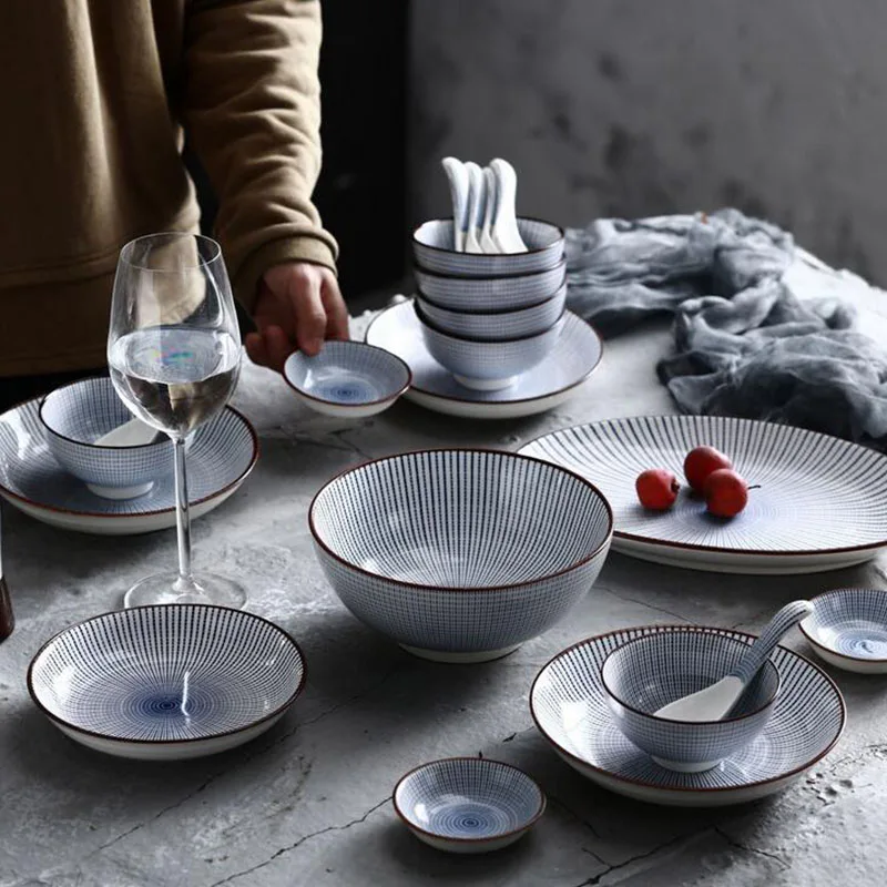 

6 Person Dinner Plate Set 22 Heads Japanese Lines Hand-Painted Ceramic Tableware Tray Dish Soup Bowl Steamed Rice bowl Sets