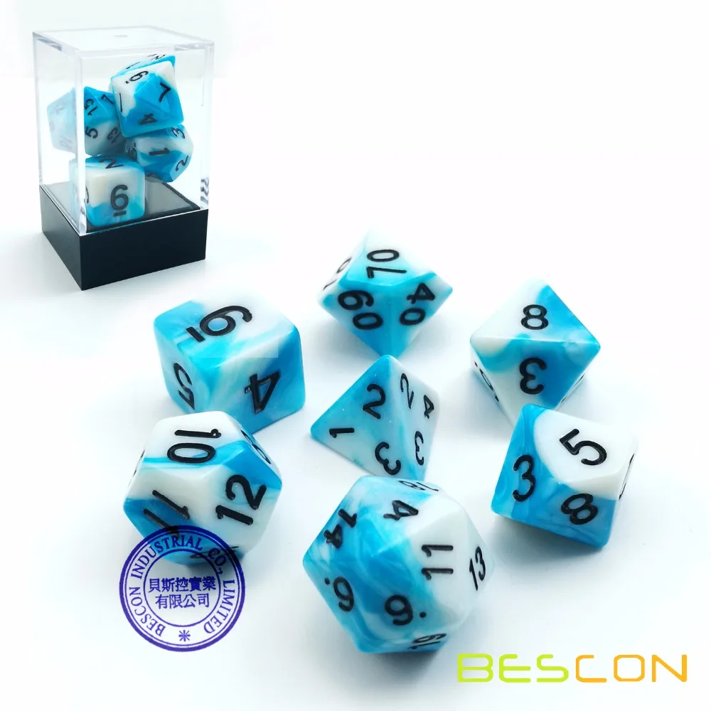 

Bescon Gemini Polyhedral Dice Set Icy Track, Two-tone RPG Dice Set of 7 d4 d6 d8 d10 d12 d20 d% Brick Box Pack