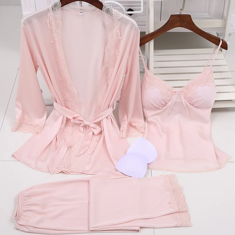 Женская пижама, атласная Шелковая пижама, сексуальный кружевной халат, комплект из 3 предметов, с нагрудной накладкой, нижнее белье, длинные штаны, одежда для сна, женская одежда для отдыха - Цвет: Pink Robe suit