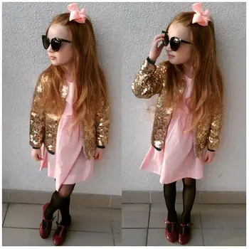 

Kids Girls Gold Sequins Jacket Jazz Hip-hop Dance Stage Performance Daily Wear Coat