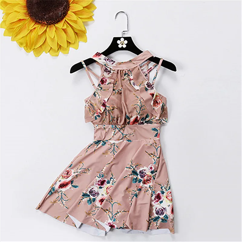 

New Sexy Backless Floral High Neck Bandage One Piece Swimwear Skirt Bathing Suit Women Swimming Dress Swimsuit Beach Wear Swim