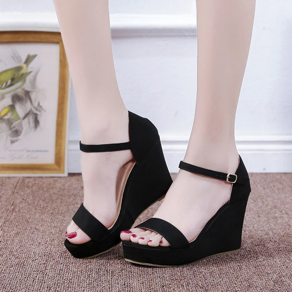 

Women's Protective Ankle Wedge Sandals Open-Toe Solid Color Suede High Heel Sandals Buckle Strap Wedge Shoes