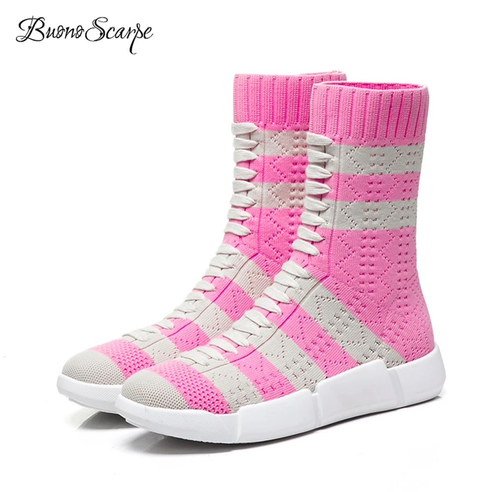 

BuonoScarpe Lady Wool Knitting Short Sock Boots Striped Color Fashion Brand Elstic Platform Heels Boots Women Tennis CasualShoes