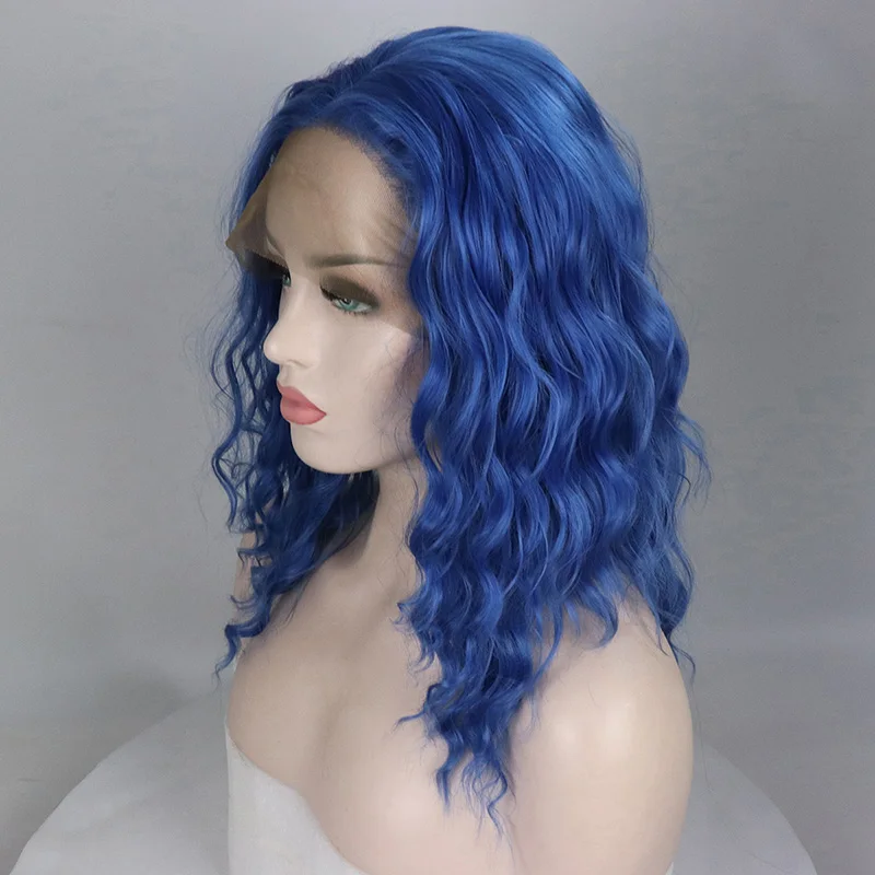 

Bombshell Blue Natural Wave Short Bob Hand Tied Synthetic Lace Front Wig Glueless Heat Resistant Fiber Hair For Women Wigs