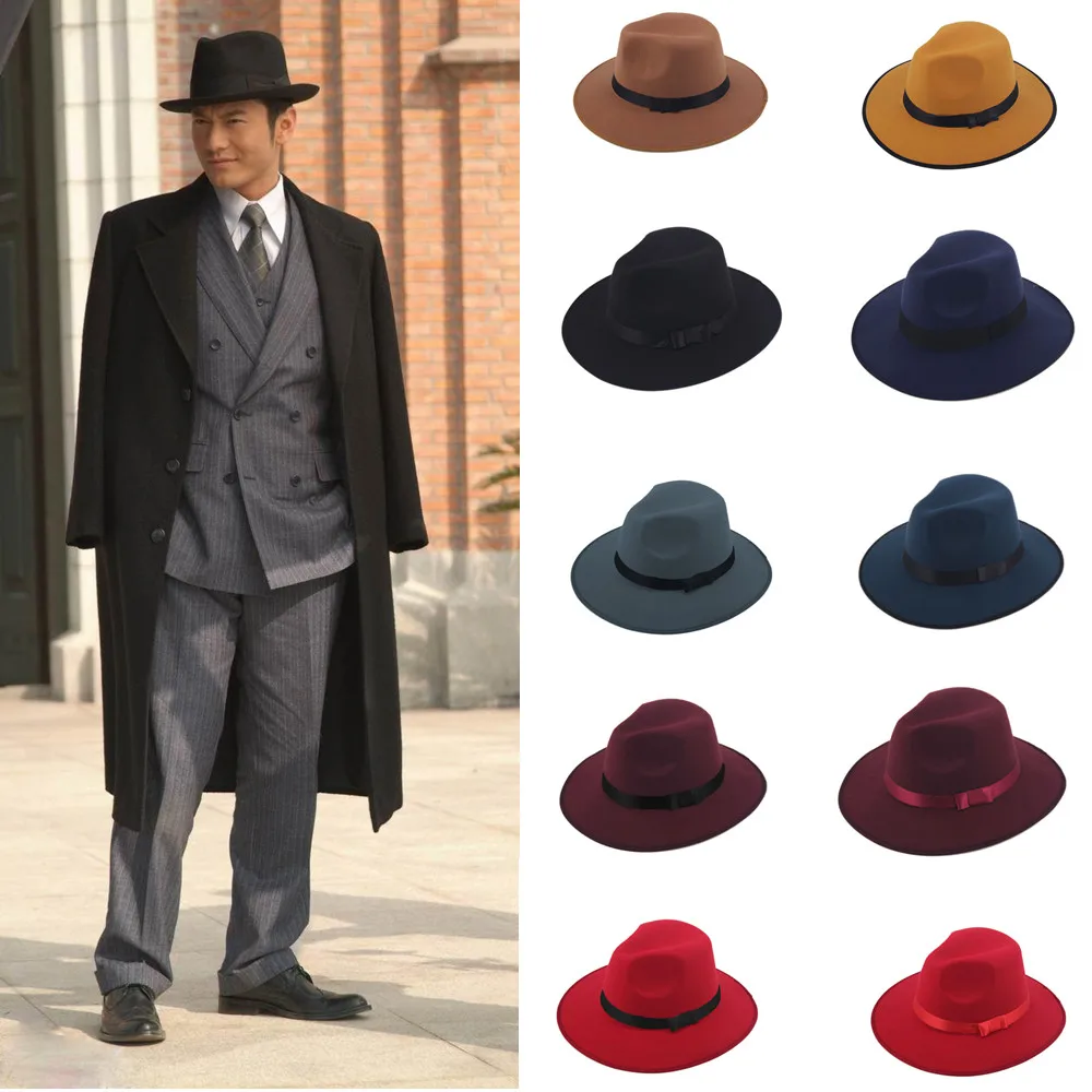 Spring Summer Autumn Winter Women Men Jazz Hard Felt Bowknot Fedora Panama Bowler Wide Brim Hat