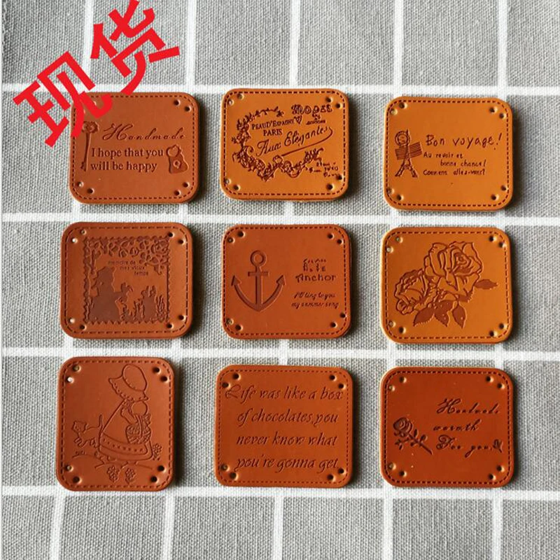 

20pcs/lot PU leather labels hand made DIY embossed washable for bags/gift/garment clothes/shoes tags accessory with flower/key