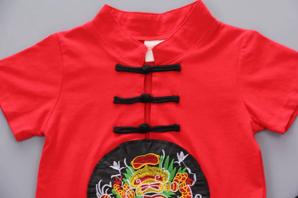 Традиционная Футболка с вышивкой для маленьких мальчиков и девочек в китайском стиле с красным драконом топы+ шорты, комплект одежды, bebes