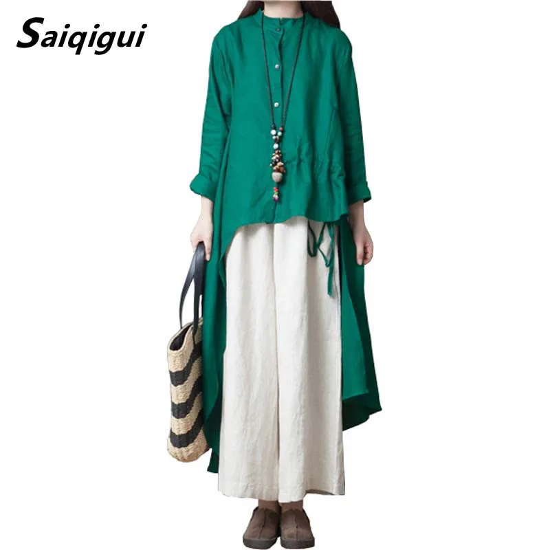 

Saiqigui 2019 fashion Chinese Style Women Shirts irregular Linen blouse women Casual loose Long Sleeve Solid Shirt for Women