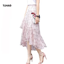 TUHAO корейский стиль летние юбки цветочный принт шифоновая юбка с рюшами Асимметричная большие качели Элегантная Повседневная Длинная юбка TSK722