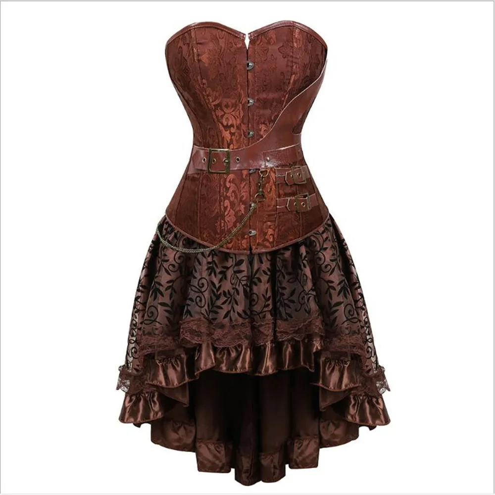 

Steampunk Corset with Chain Buckles Retro Cosplay Fancy Party Outfits Pirate Girl Dress Coffee Black Lacing-up Basque Top S-6XL