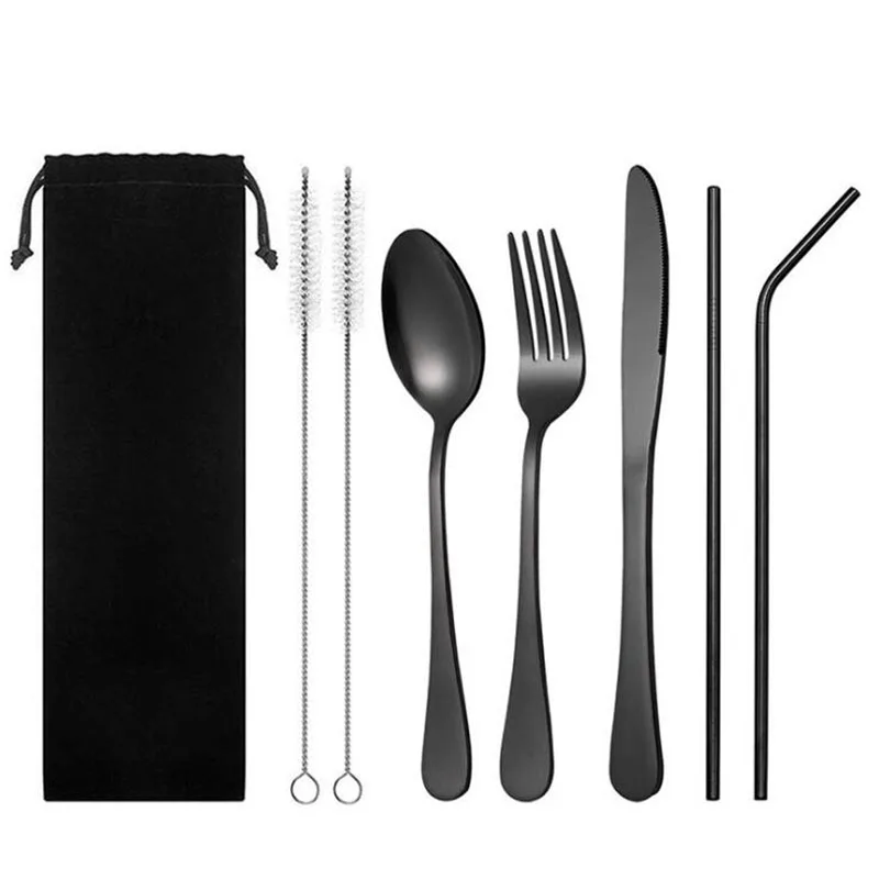 

Travel Cutlery Set Black Knife Fork Spoon Straws and Bag Stainless Steel Recycled Reusable Untensil Kit Silverware Flatware