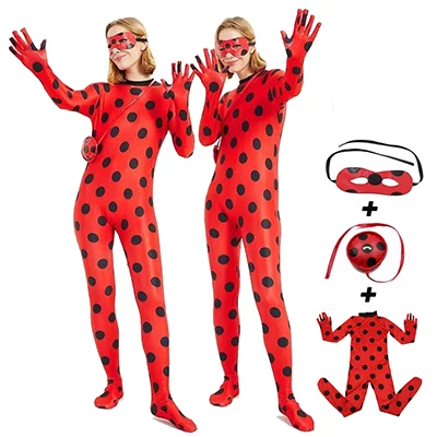 YES Spandex Ladybug Costume Jumpsuit Fancy Black Cat Adrian Marinette Super Hero Cosplay Costume For Girl Boy Adult Lady Wig - Color: adult  3pcs