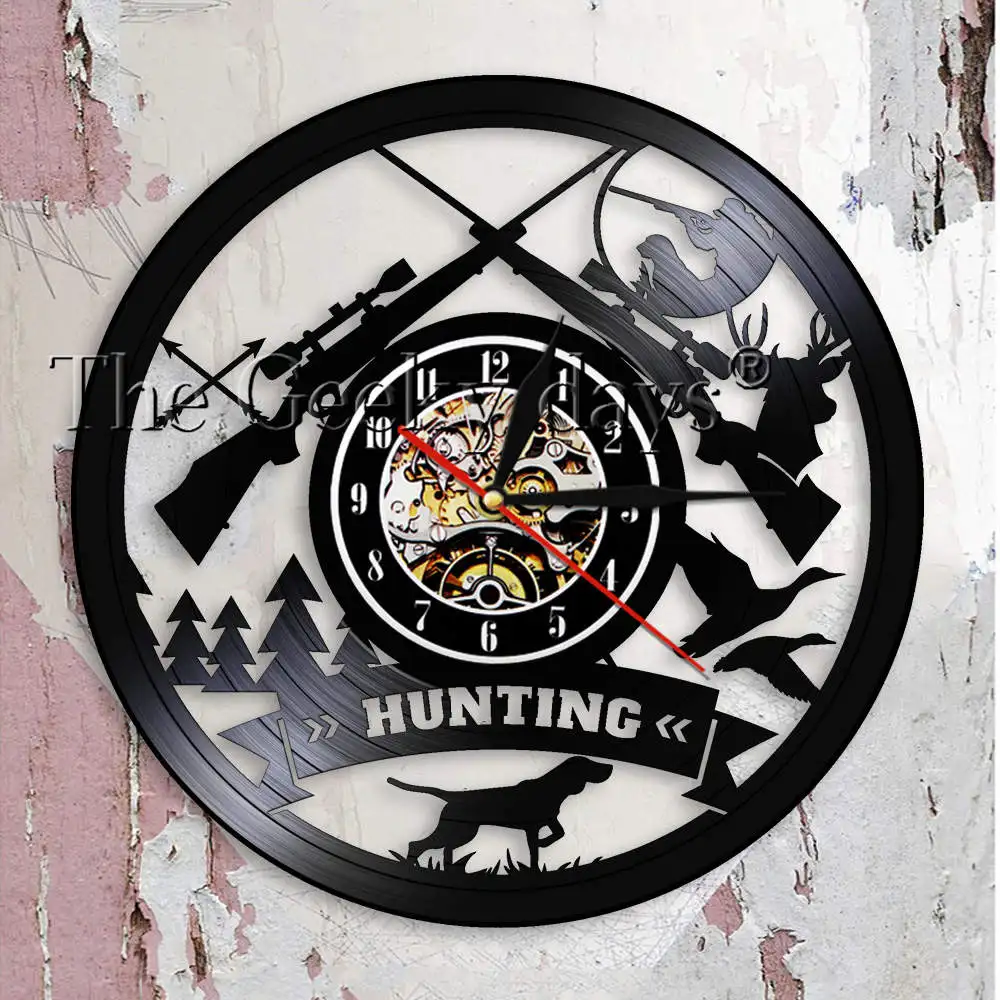 

Hunting Logo Rifle Gun Sign Wall Clock Animal Hunting Adventure Vinyl Record Wall Clock Wilderness Tribal Wall Decor Hunter Gift