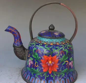 

8" Collection hinese Cloisonne Enamel Bronze Flower Wine Tea Pot Flagon Kettle