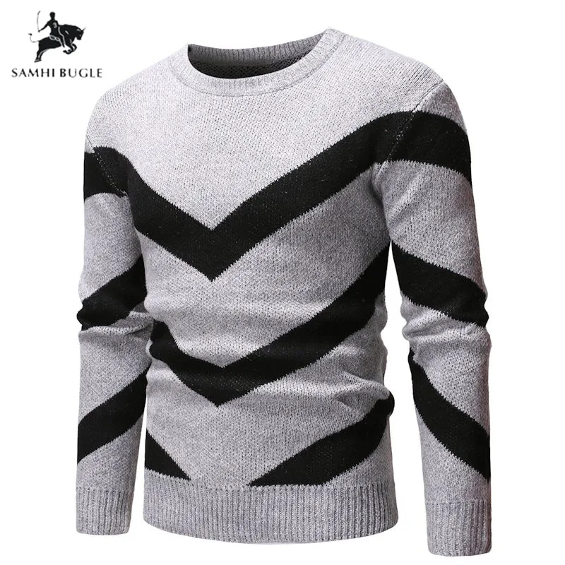 

2019 New Autumn Winter Men Sweaters Guys Boys Male Long Sleeve Patchwork Round Neck Sweaters Male Cotton Slim Fit Sweaters
