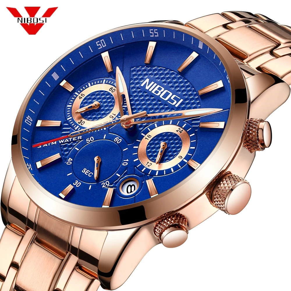 NIBOSI Top Brand Luxury Blue Rose Gold Watch Men Fashion Sport Quartz