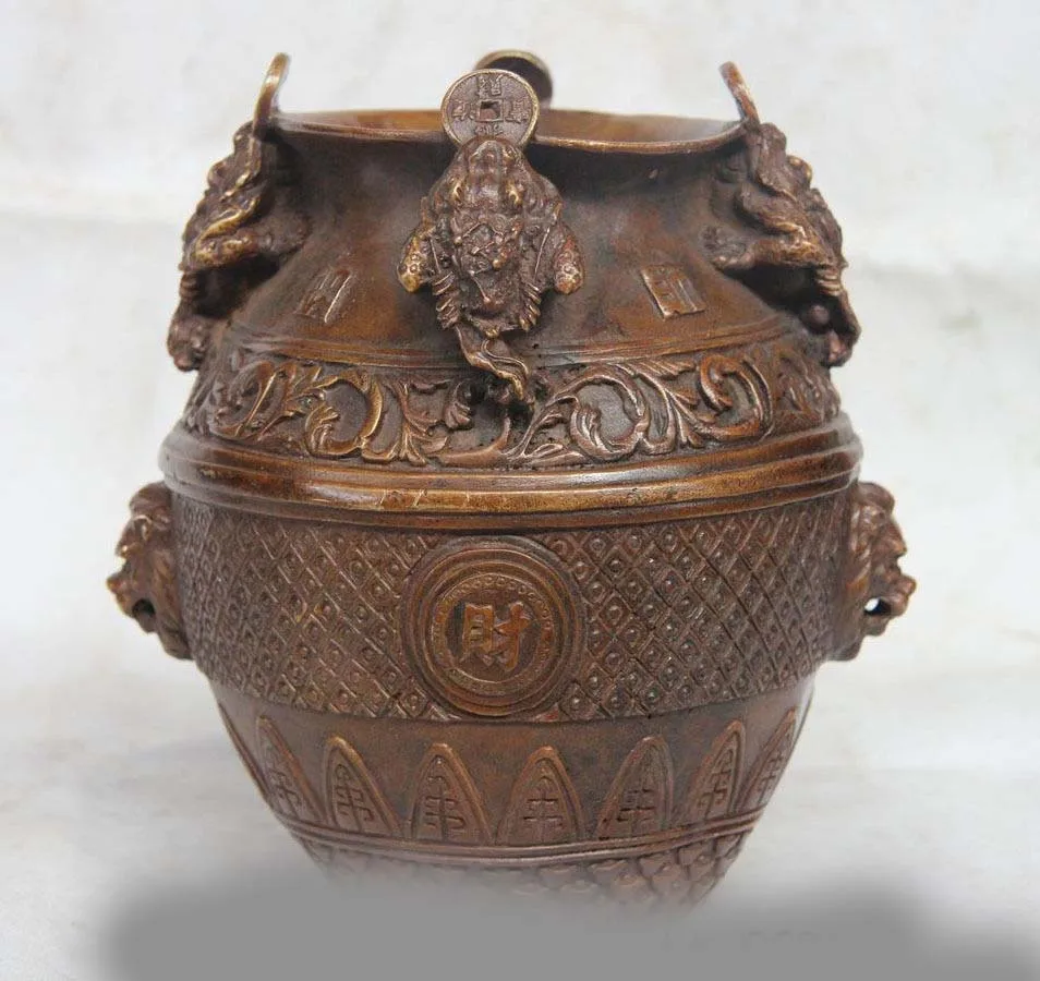 

8 China Bronze Copper Foo Dog Lion Head Golden toad Money kettle Tank Crock Pot SD 506