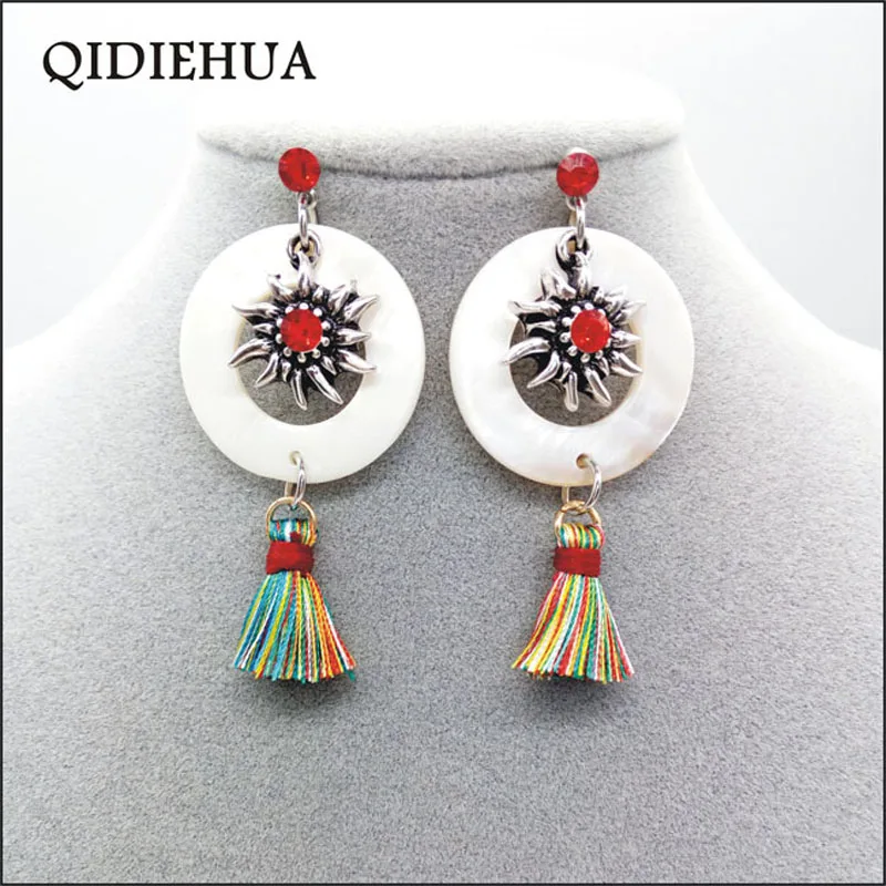 

QIDIEHUA Handmade 6 Colors Long Tassel Earrings Bohemian Crystal Flower Natural Shell Edelweiss Dangle Drop Earrings Wholesale