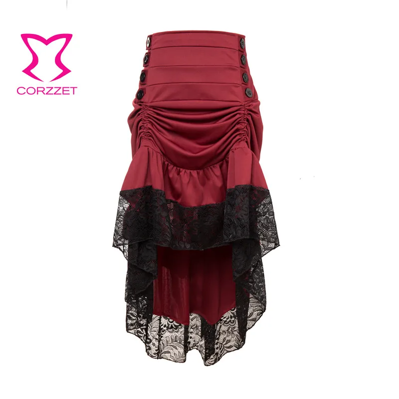 

Sexy Red & Black Lace Ruffles Long Asymmetrical Retro Vintage Skirts Womens Plus Size Steampunk Skirt Victorian Gothic Clothing