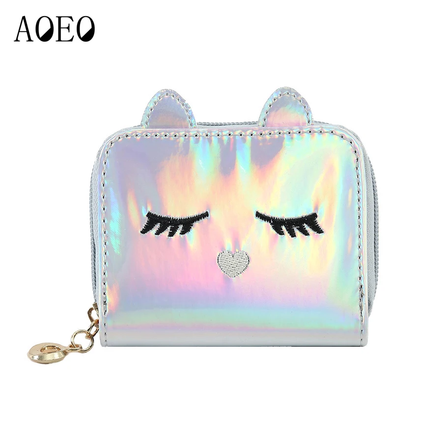 

AOEO Mini Hologram Wallet Female 3D Cat Holographic Ladies Bag With Zipper Coin Purse Women Card Id Small Girls Wallet Kawaii