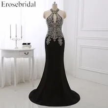 Черное вечернее платье русалки размера плюс, Erosebridal, Золотые Аппликации, корсаж, Формальные женские вечерние платья с лямкой на шее, платья ZDH04