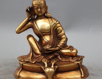 

6"China Tibetan Buddhism Bronze Gild Milarepa Buddha & Deer Head Statue