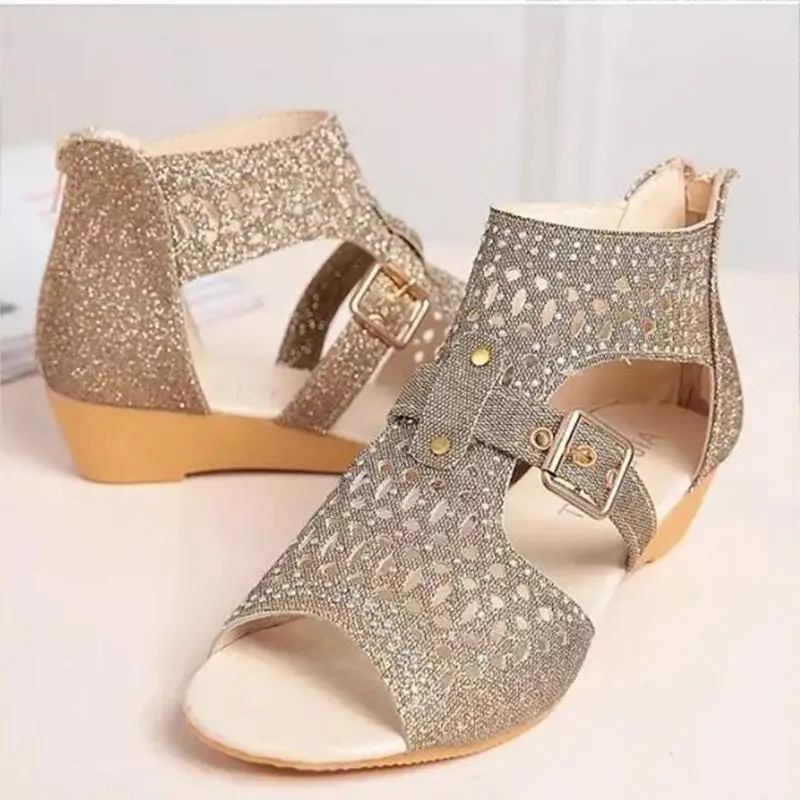 

2018 New Women Summer Hollow Out Roman Sandals Back Zipper Diamend Sequin Peep Toe Wedge Sandals