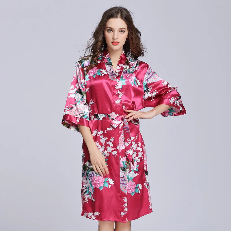 

Red Sexy Floral Bathrobe Female Simulated Rayon Printed Bride Robes Full Sleeve Slim Lady Sweety Home Clothes Size S-XL