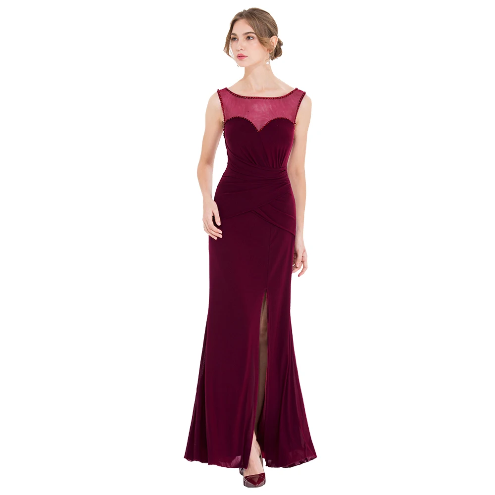 Женское Веч. Платье с разрезом Angel-fashions бордовое длинное вечернее платье расшитое
