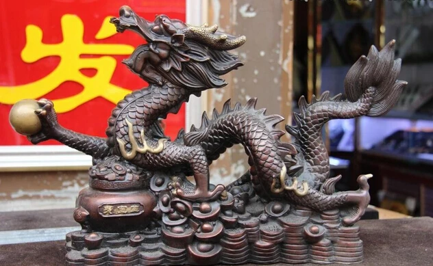 

wholesale factory China Fengshui Bronze Copper Zodiac Wealth treasure bowl Dragon Play Bead Statue