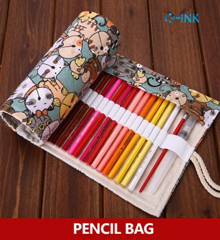 

48 Holes Funny Cat Roll Pencil Bag , Cute Kitty Animal Roller Pencil Case for School Kids