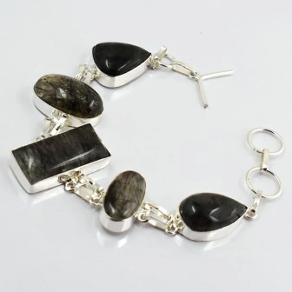 

Black Rutiles Quarts Bracelet Silver Overlay over Copper, 23cm , B2956
