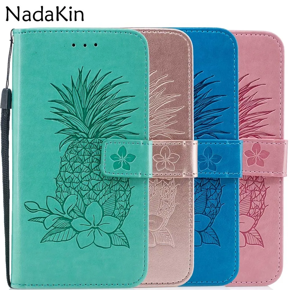 

Pineapple Embossed Book Phone Case for iPhone X XS MAX XR 5 5S SE 6 6S 7 8 Plus Flip Leather Cover Wallet Shell With Strap