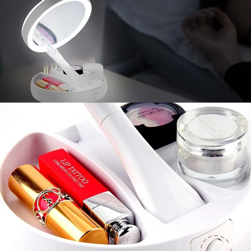 

New Portable LED makeup lights Mirror fold Vertical double sided Make Up Pocket mirrors Vanity Cosmetic hand Magnifying Popular